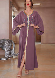 Plus Size Purple Lace Patchwork Chiffon Robe Dresses Long Sleeve