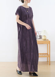 Plus Size Purple O-Neck wrinkled Linen Long Dresses Short Sleeve