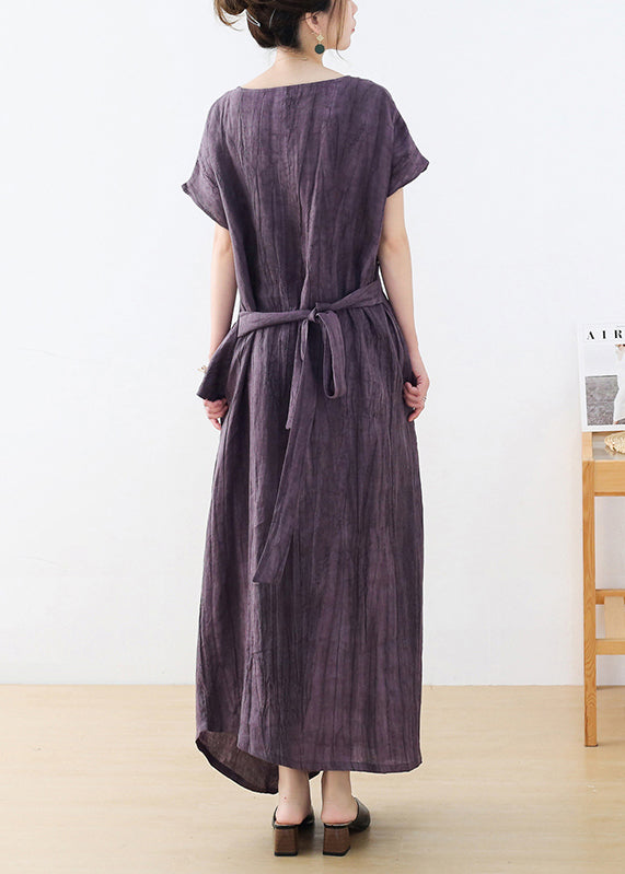 Plus Size Purple O-Neck wrinkled Linen Long Dresses Short Sleeve