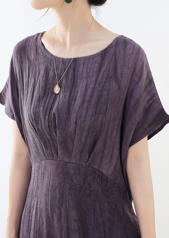 Plus Size Purple O-Neck wrinkled Linen Long Dresses Short Sleeve