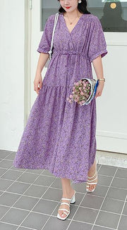 Plus Size Purple Print Chiffon V Neck Summer Dress - bagstylebliss