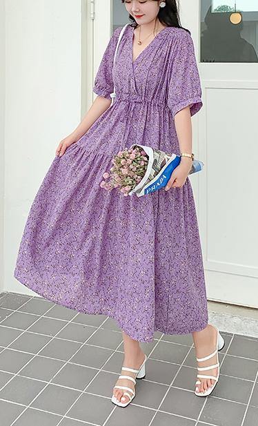 Plus Size Purple Print Chiffon V Neck Summer Dress - bagstylebliss
