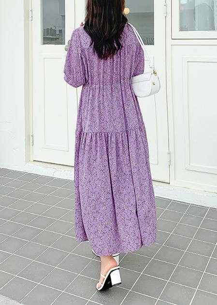 Plus Size Purple Print Chiffon V Neck Summer Dress - bagstylebliss