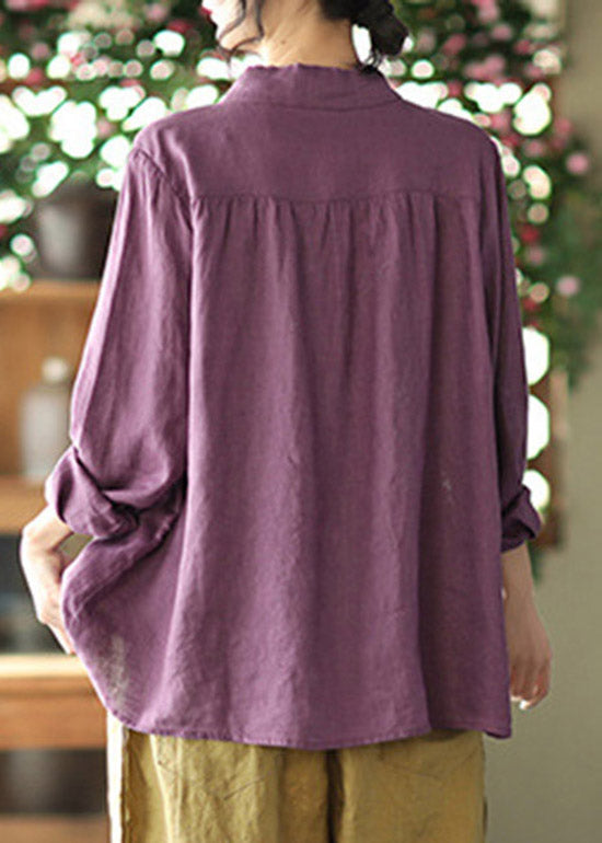 Plus Size Purple Stand Collar Bow Button Linen Shirt Long sleeve