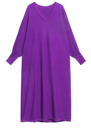 Plus Size Purple V Neck Loose fashion Fall Vacation Dresses Long sleeve - bagstylebliss