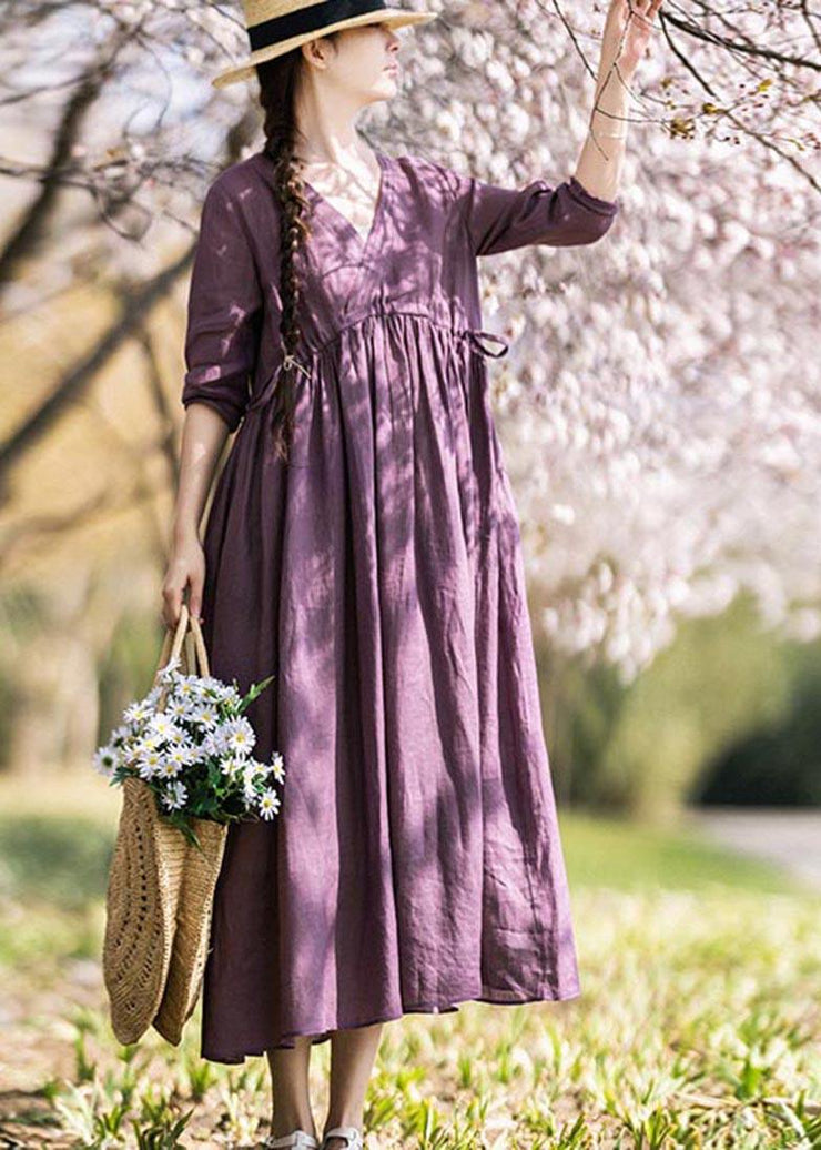 Plus Size Purple tie waist V Neck Mid Summer Linen Dress - bagstylebliss