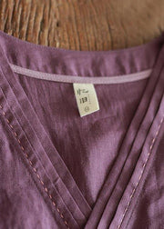 Plus Size Purple tie waist V Neck Mid Summer Linen Dress - bagstylebliss