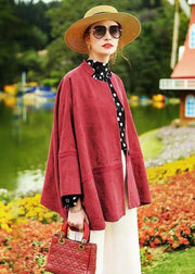 Plus Size Red Batwing Sleeve Patchwork Cotton Cardigan Coat Fall