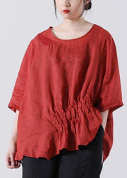 Plus Size Red Cinched Cotton Linen Summer Blouse Top - bagstylebliss