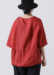 Plus Size Red Cinched Cotton Linen Summer Blouse Top - bagstylebliss