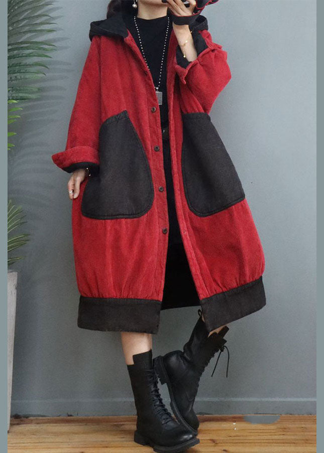 Plus Size Red Hooded Patchwork Cord Wintermäntel Winter