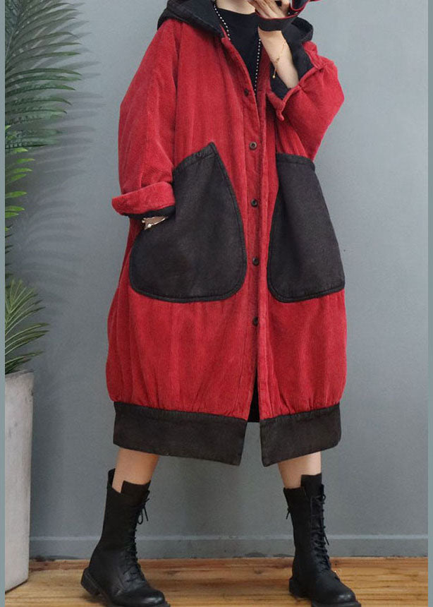 Plus Size Red Hooded Patchwork Corduroy Winter Coats Winter