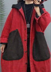 Plus Size Red Hooded Patchwork Corduroy Winter Coats Winter