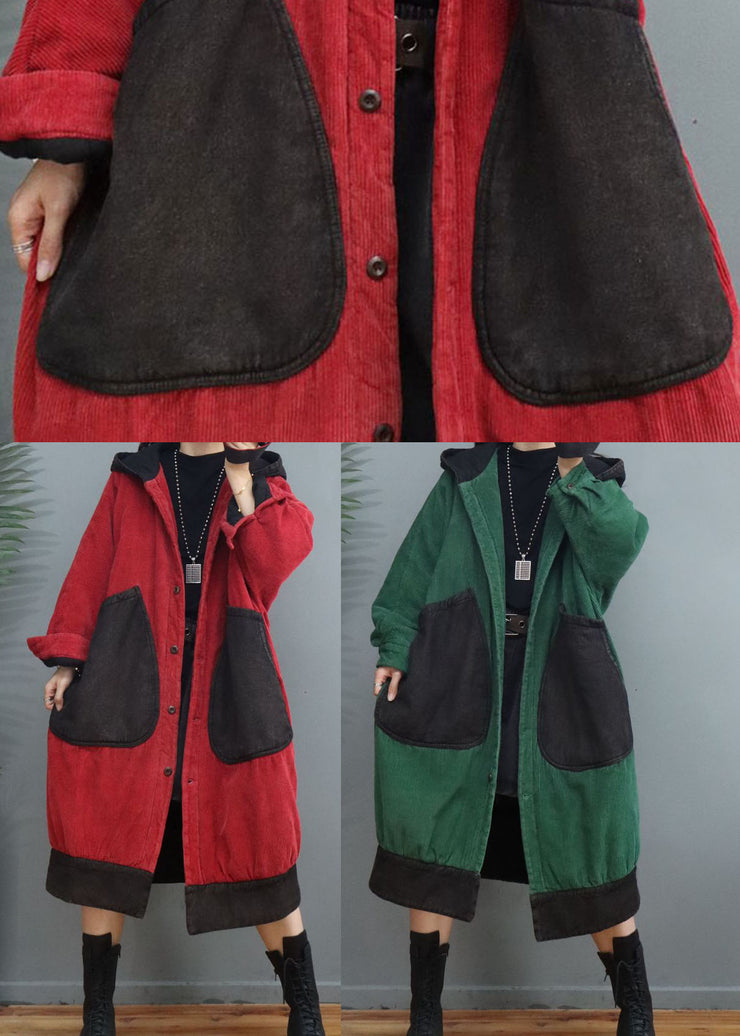 Plus Size Red Hooded Patchwork Corduroy Winter Coats Winter