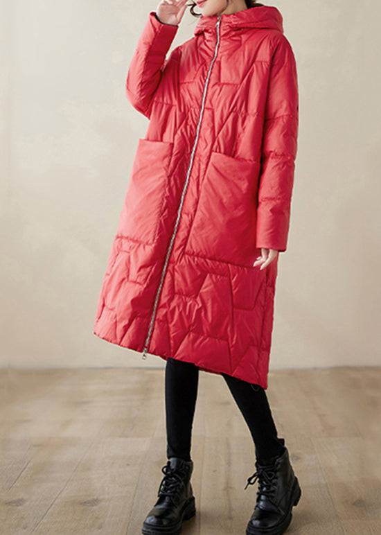 Plus Size Red Hooded Pockets Fine Cotton Filled Coat Winter