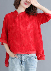 Plus Size Red Lace Three Quarter sleeve Oriental Loose Summer Top - bagstylebliss