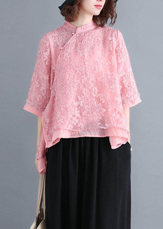 Plus Size Red Lace Three Quarter sleeve Oriental Loose Summer Top - bagstylebliss