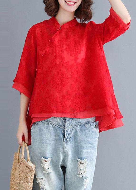 Plus Size Red Lace Three Quarter sleeve Oriental Loose Summer Top - bagstylebliss