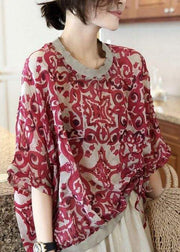 Plus Size Red O-Neck Print Chiffon Top Long Sleeve