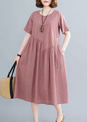 Plus Size Red O-Neck Wrinkled Striped Pockets Cotton Long Dress Short Sleeve