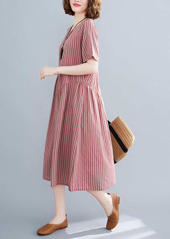 Plus Size Red O-Neck Wrinkled Striped Pockets Cotton Long Dress Short Sleeve