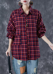 Plus Size Red Oversized Plaid Cotton Shirt Tops Fall