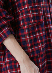 Plus Size Red Oversized Plaid Cotton Shirt Tops Fall