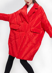 Plus Size Red Peter Pan Collar Button Duck Down Coat Long Sleeve