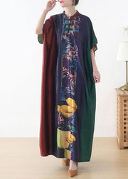 Plus Size Red Purple Green Print Batwing Sleeve Mid Summer Chiffon Dress - bagstylebliss