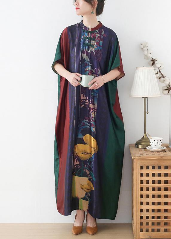 Plus Size Red Purple Green Print Batwing Sleeve Mid Summer Chiffon Dress - bagstylebliss