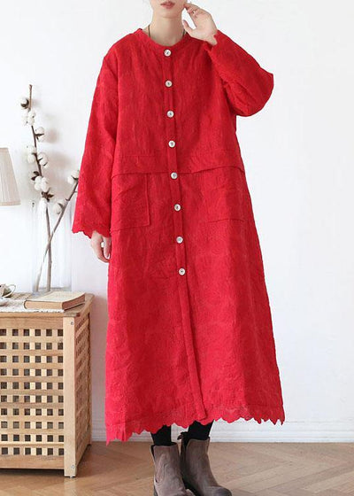 Plus Size Red Stand Button Fall Long Sleeve Coats - bagstylebliss