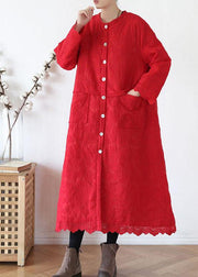 Plus Size Red Stand Button Fall Long Sleeve Coats - bagstylebliss