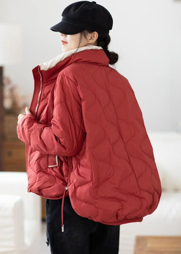 Plus Size Red Stand Collar Zip Up Drawstring Duck Down Down Jacket Winter