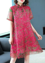 Plus Size Red Stand Collar print Silk Dress Short Sleeve