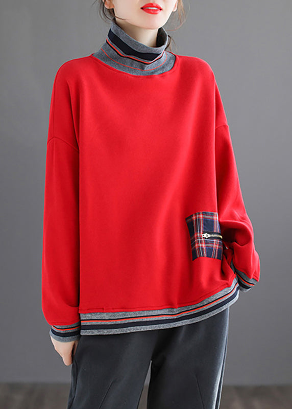 Plus Size Red Striped Patchwork Warm Fleece Tops Fall