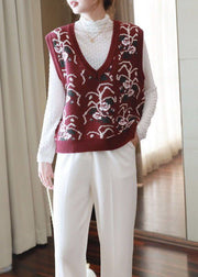 Plus Size Red V Neck Print Knit Vests Spring