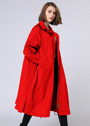 Plus Size Red zippered tie waist Pockets Fall Long Coat