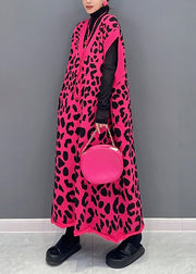 Plus Size Rose Leopard V Neck Cotton Knit Waistcoat Long Dresses Sleeveless