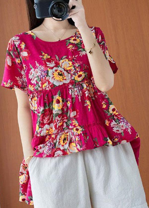 Plus Size Rose Print Cinched Cotton Linen Blouses Summer - bagstylebliss