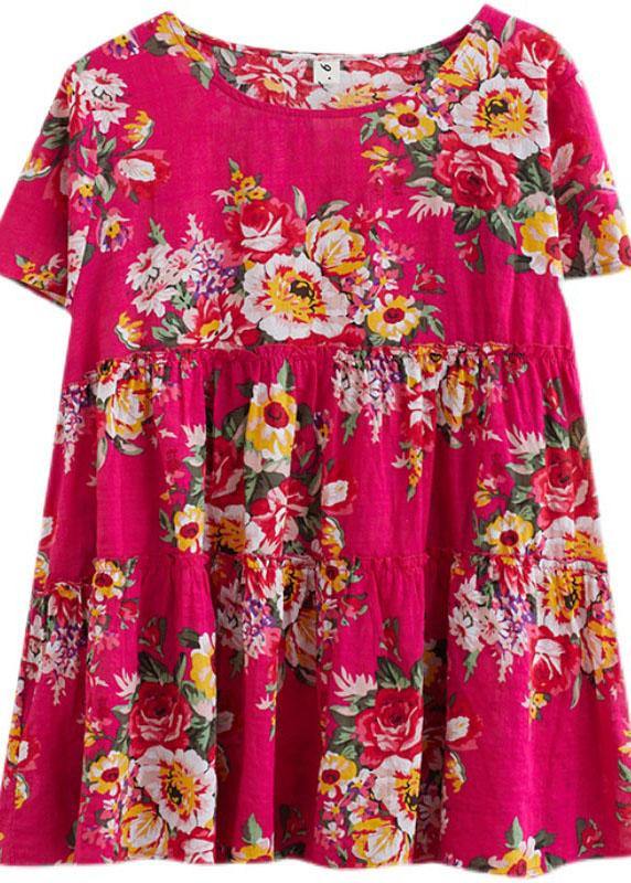 Plus Size Rose Print Cinched Cotton Linen Blouses Summer - bagstylebliss