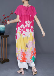 Plus Size Rose V Neck Patchwork Print Silk Beach Dress Summer