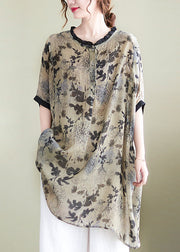 Plus Size Ruffled Side Open Print Linen Long Shirts Batwing Sleeve