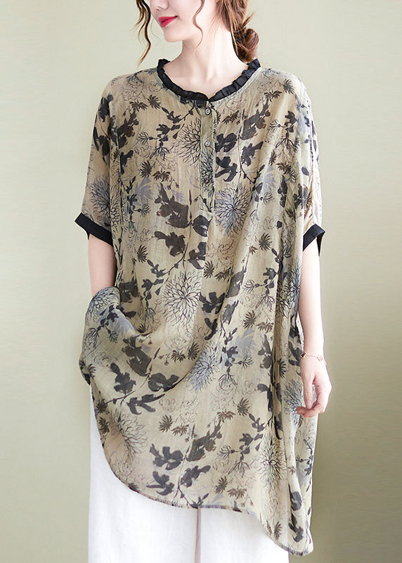 Plus Size Ruffled Side Open Print Linen Long Shirts Batwing Sleeve