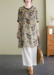 Plus Size Ruffled Side Open Print Linen Long Shirts Batwing Sleeve