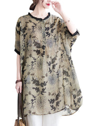 Plus Size Ruffled Side Open Print Linen Long Shirts Batwing Sleeve