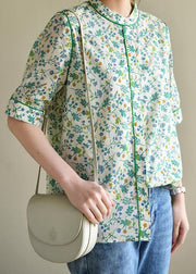 Plus Size Short Sleeve Green Print Cotton Blouses - bagstylebliss