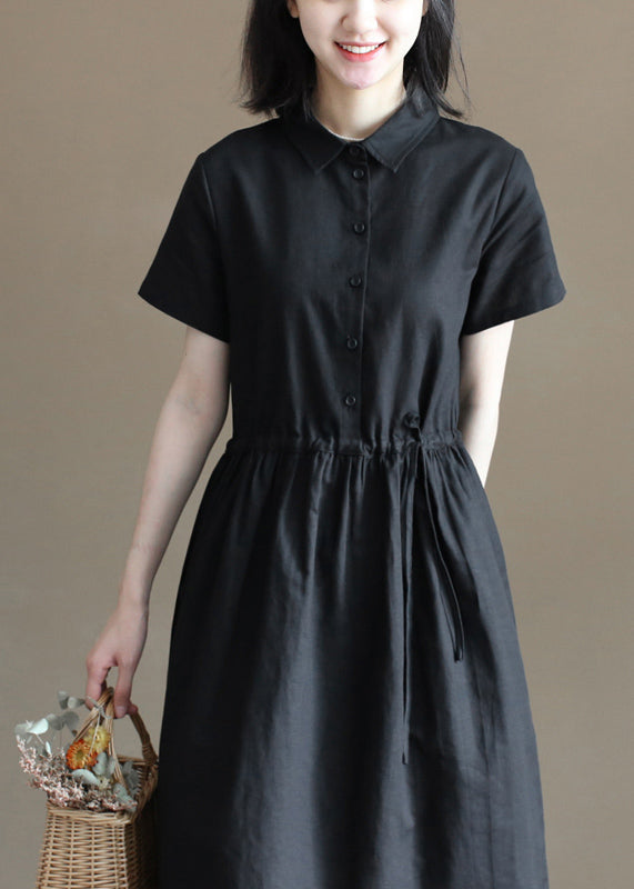 Plus Size Solid Black Drawstring Peter Pan Collar Button Cotton Linen Shirt Dress Short Sleeve