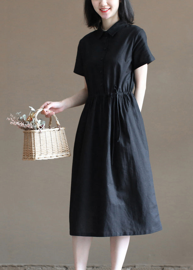 Plus Size Solid Black Drawstring Peter Pan Collar Button Cotton Linen Shirt Dress Short Sleeve