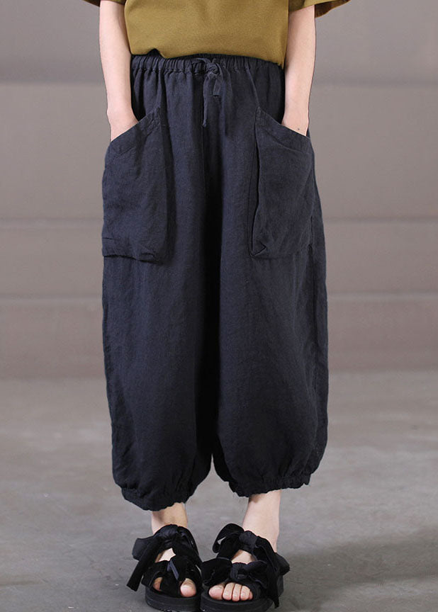 Plus Size Solid Black Elastic Waist Big Pockets Linen Harem Pants Summer