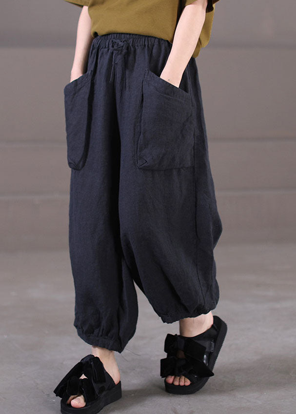 Plus Size Solid Black Elastic Waist Big Pockets Linen Harem Pants Summer